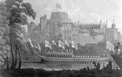 City of London State Barge moving up the River Thames, in front of Windsor Castle, on its way to Oxford, after a watercolour of 1812 by English School